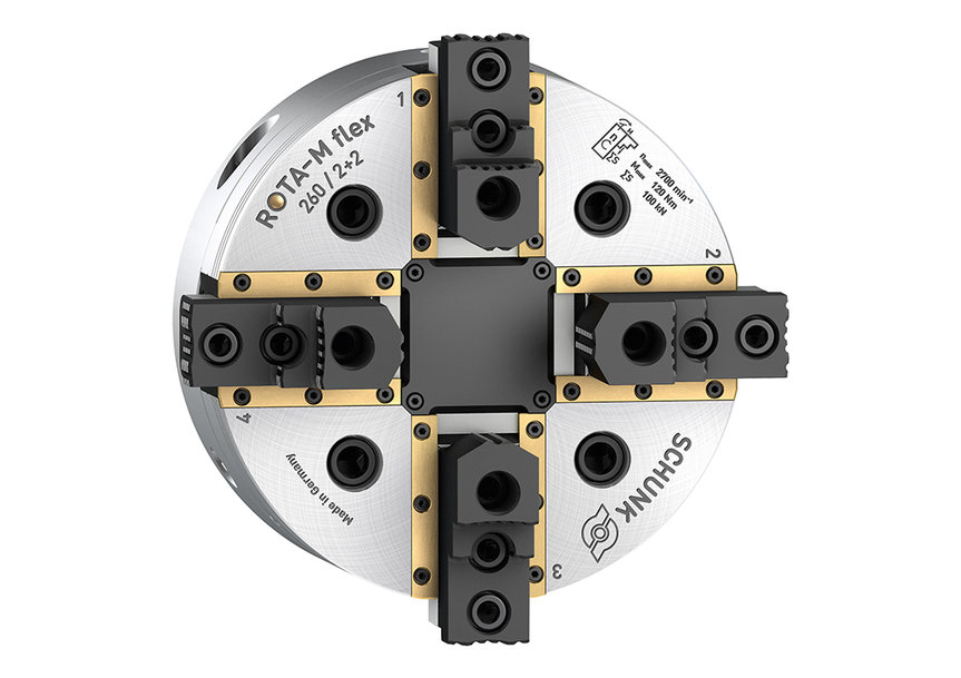 SEALED 2+2 JAW CHUCK WITH LARGE COMPENSATION STROKE ALLOWS MAXIMUM FLEXIBILITY ON MILL/TURN MACHINES